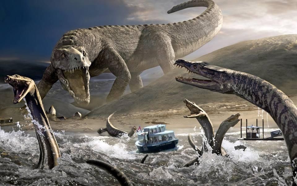 a false creek ferry sailing in rough seas, surrounded by vicious looking dinosaurs
