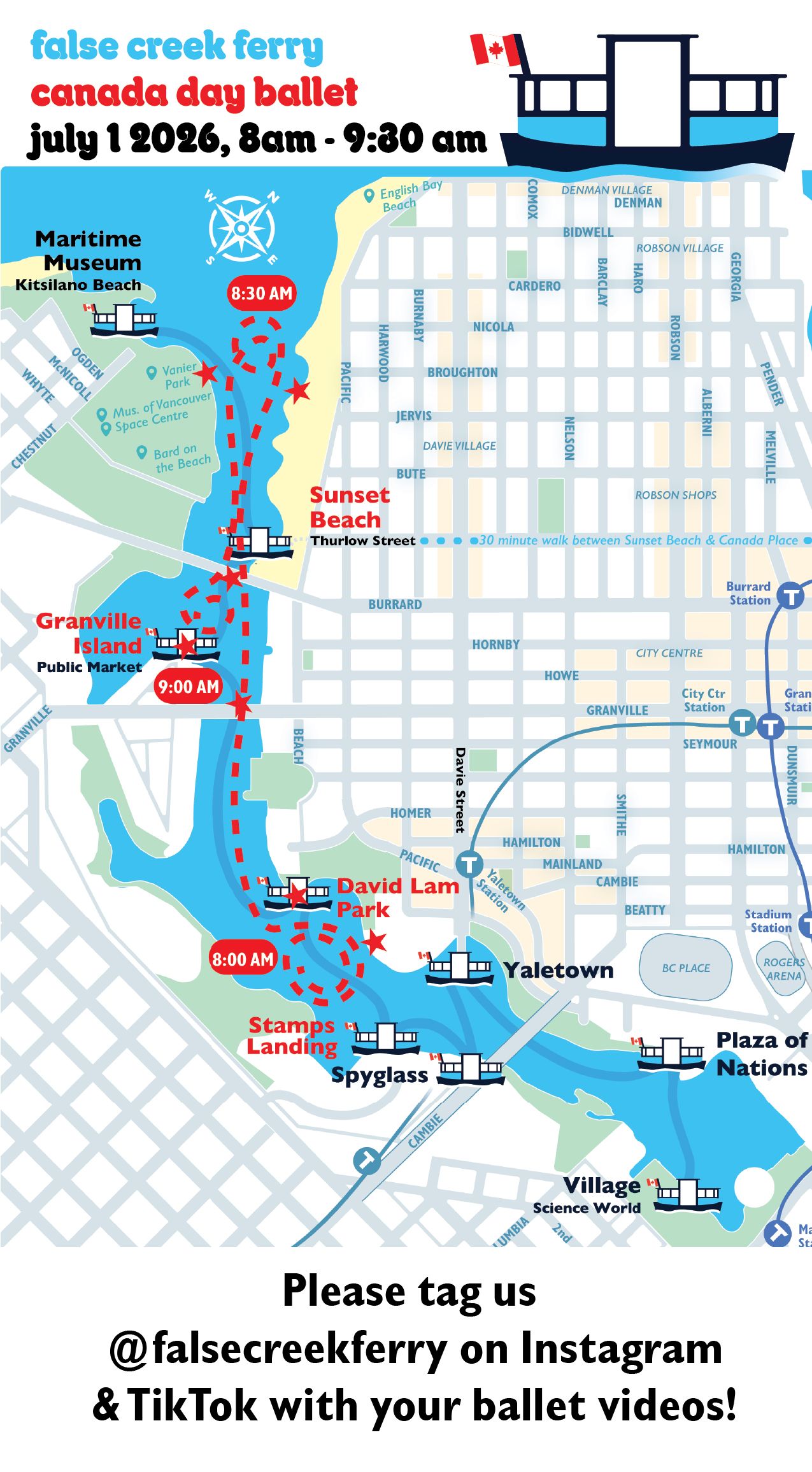 the ferry ballet route from stamps landing at 8am to the maritime museum at 8:30am to granville island at 9am