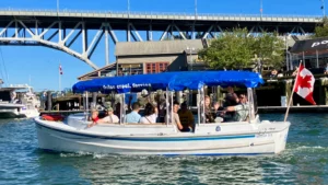 a covered electric tour boat operated by faslsecreek ferries